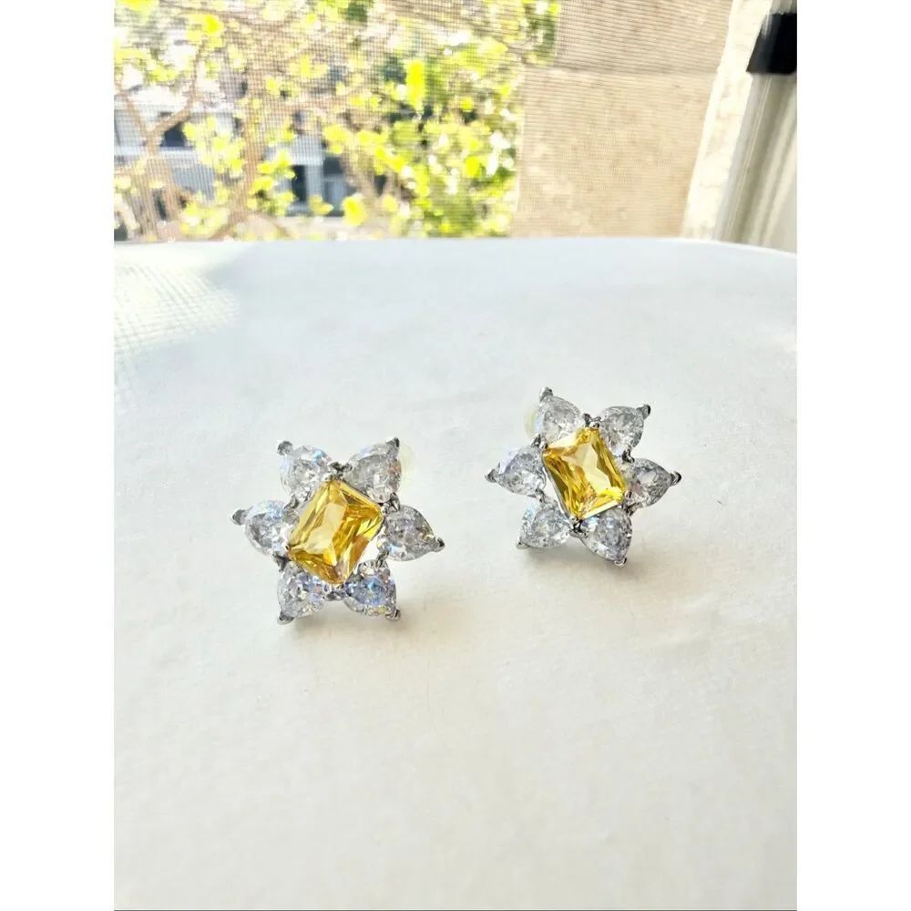 YellowโCZ Flower Stud Earrings Silver Tone Crystal Statement